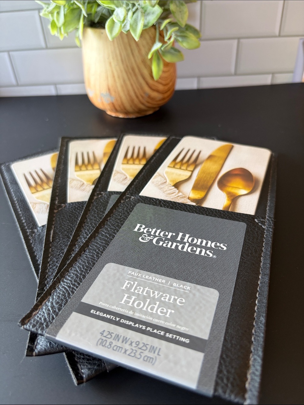 Better Homes And Gardens Black Faux Leather Flatware Holders - Set of 4